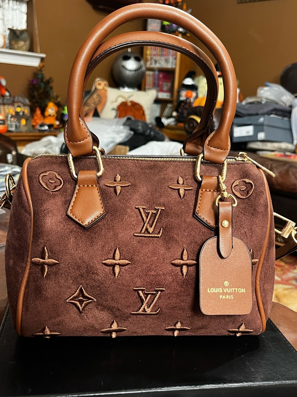 Louis. Vuitton. Micro Suede Embroidered Monogram Brown Speedy 25 Bag Purse